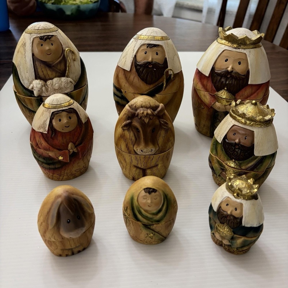 Vintage Resin Nativity Nesting Dolls 9 Piece Christmas Holy Family Wise Men Deco